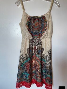ALLOY Cream Lace Mini Dress with Multicolor Paisley Accents